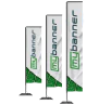 Beachflag Square Premium med metallfot i högervänd version, visad i storlekarna S, M och L. Högkvalitativ reklamflagga för inom- och utomhusbruk med tryckbar flaggduk för mässor, event och företagsreklam.